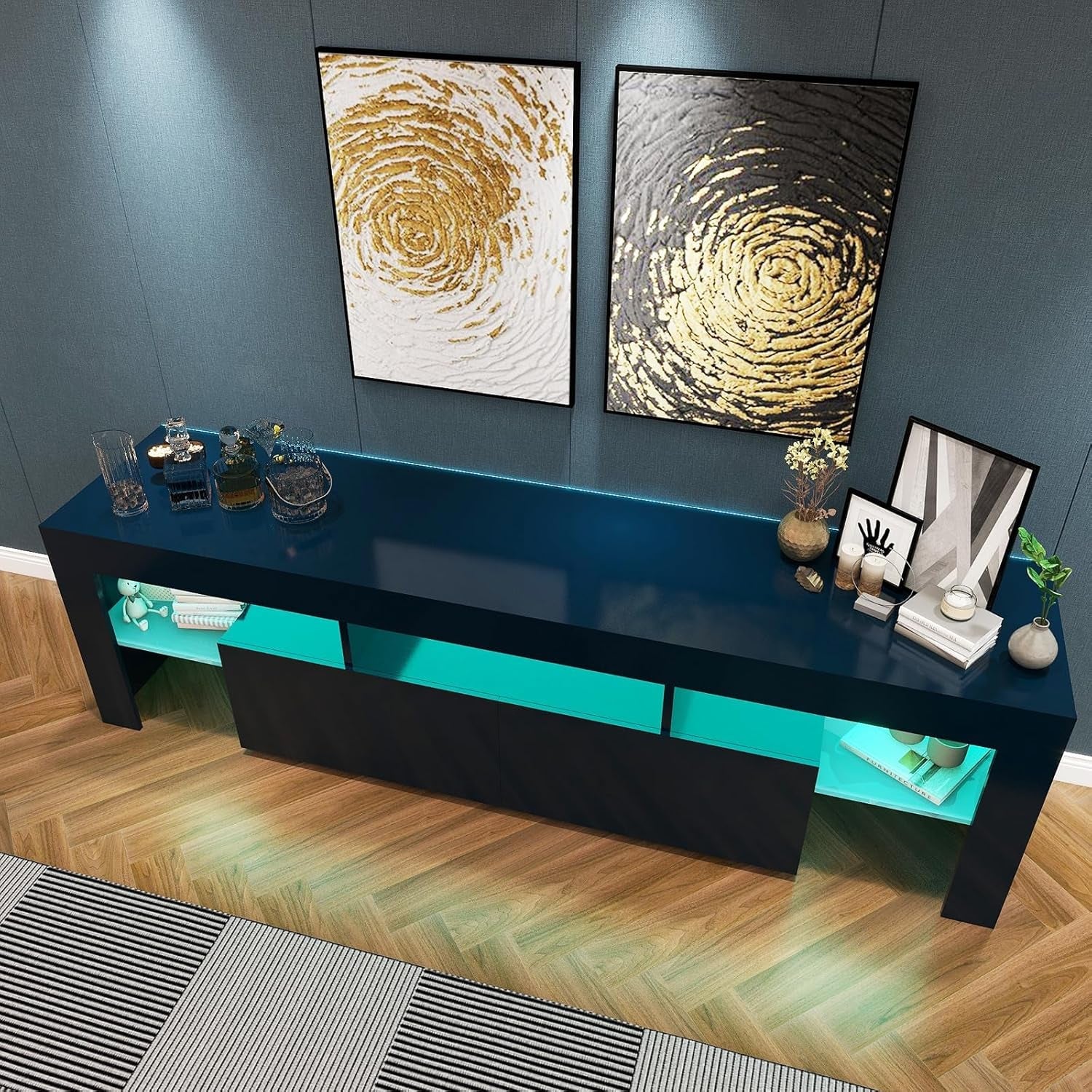 Black TV Stand, 60 65 70 75 Inch Wood TV Stand, High Glossy