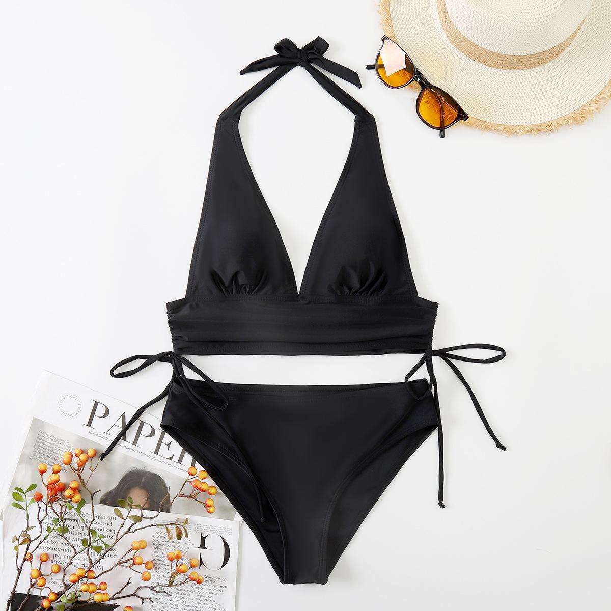 Solid Color Lace-Up High Waist Bikini