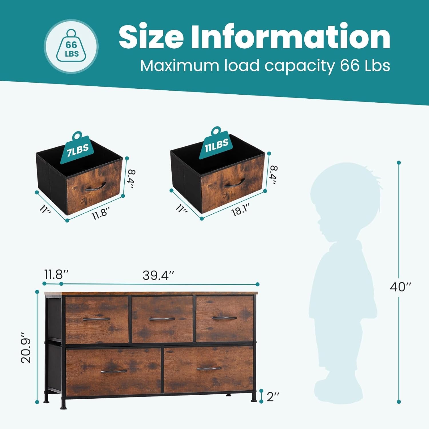 Dresser for Bedroom with 5 Drawers, Wide Chest of Drawers, Fabric