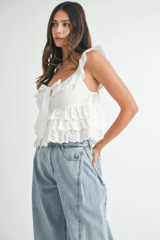 MABLE Eyelet Embroidered Front Tie Ruffle Top