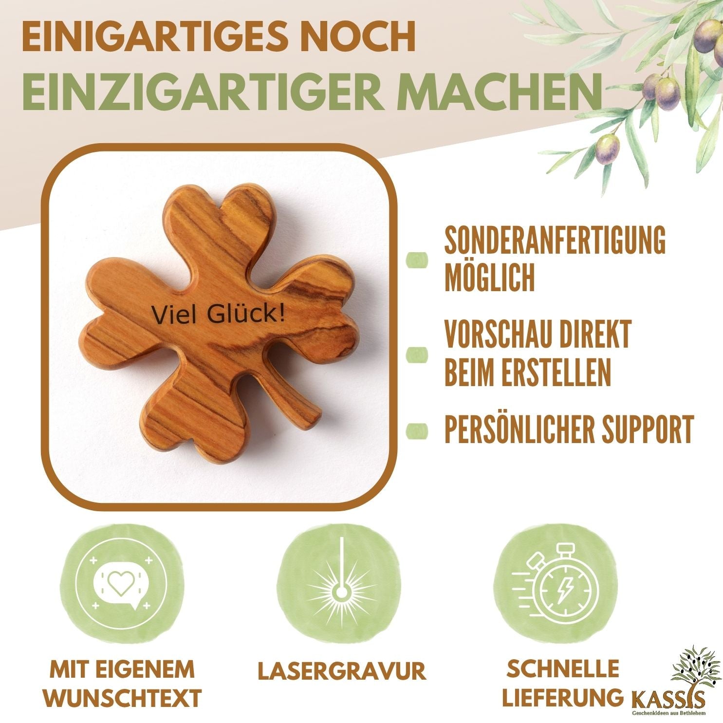 Kleeblatt als Glücksbringer aus Olivenholz