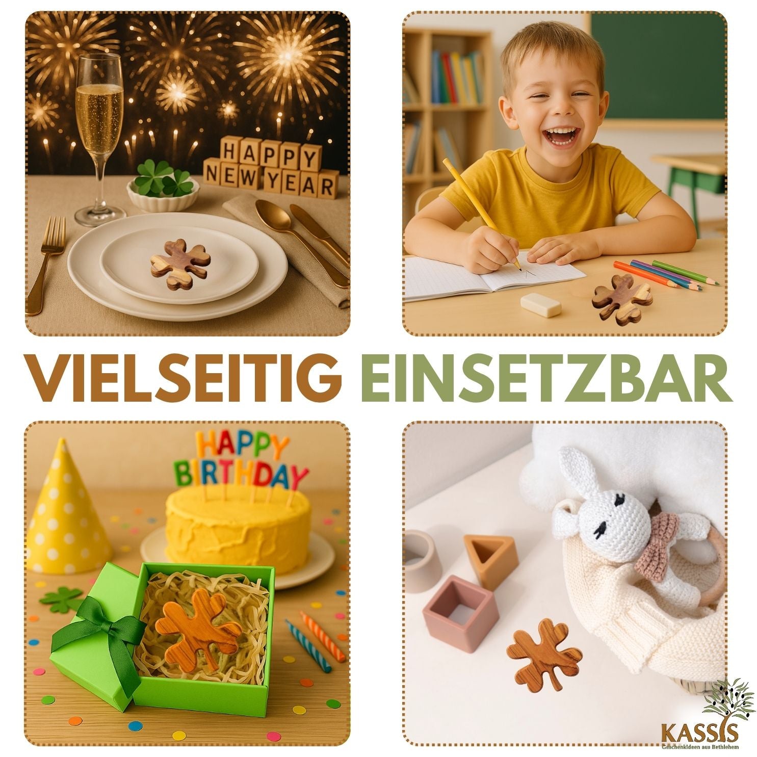 Kleeblatt als Glücksbringer aus Olivenholz