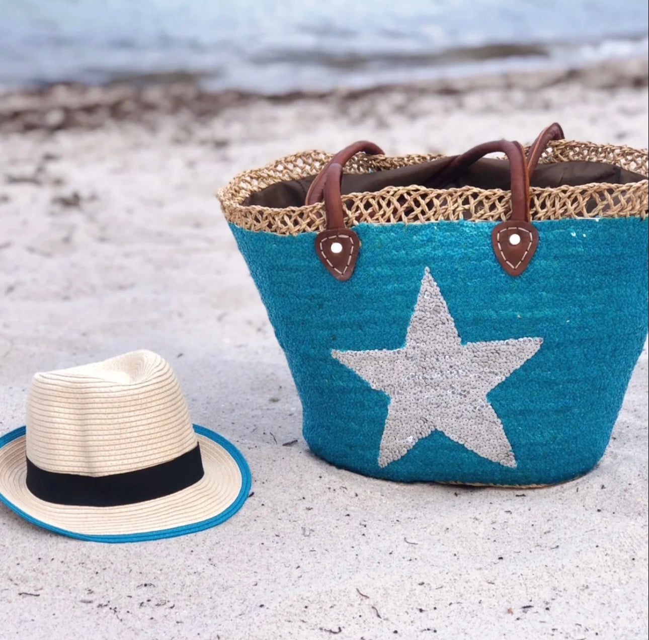 Turquoise Star Sequin Moroccan Beach Tote Bag