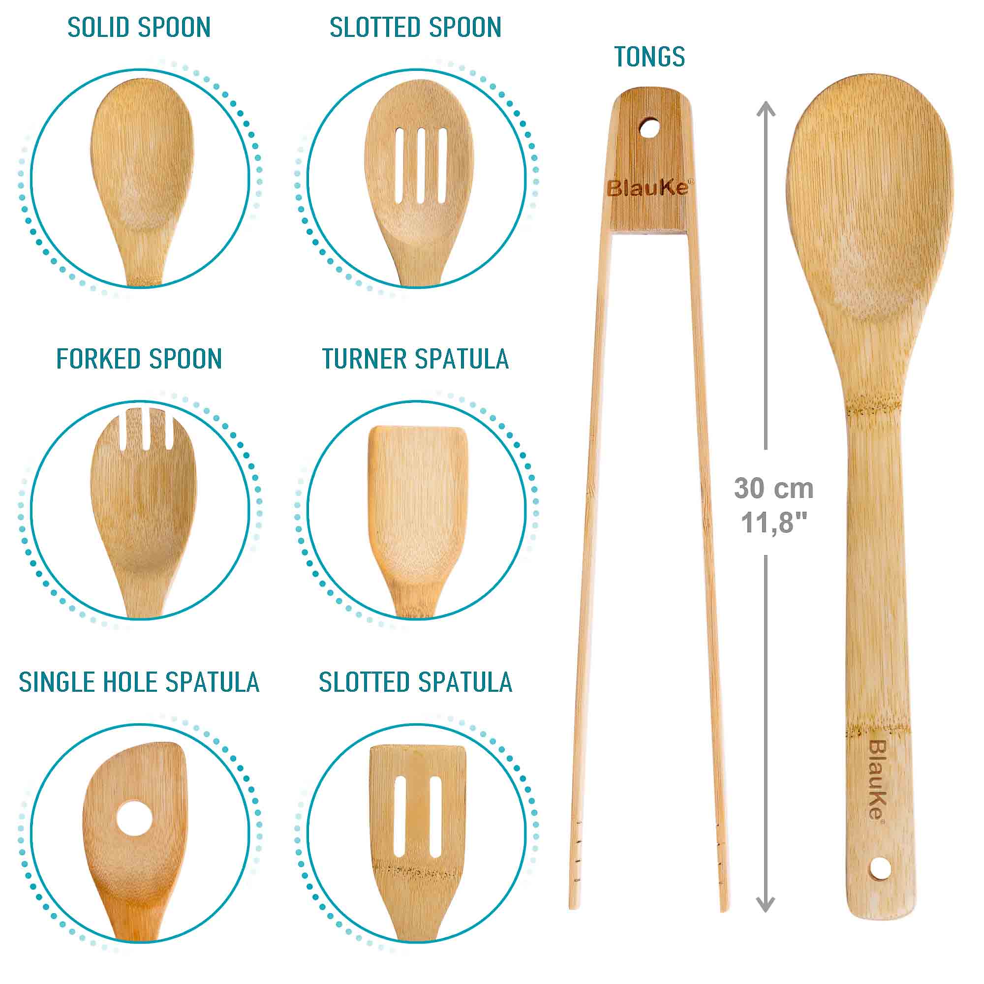 Wooden Spoons for Cooking 7-Pack - Bamboo Kitchen Utensils Set