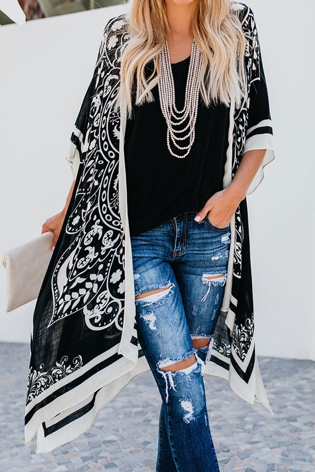 Black Boho Tokyo Medallion Kimono Beach Cover Up