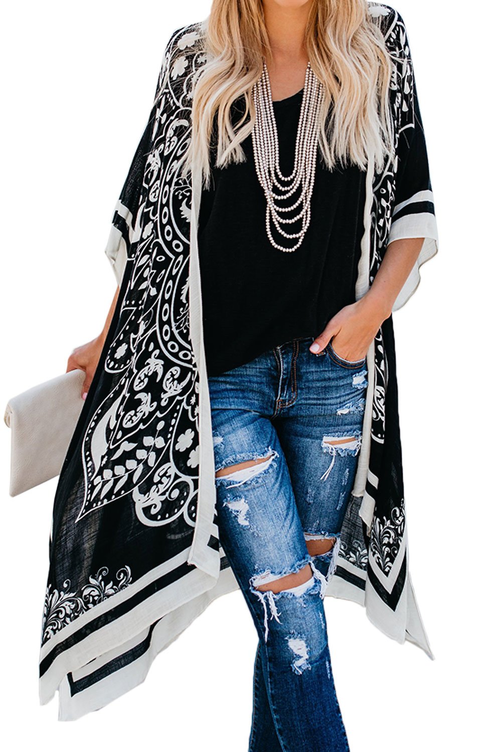 Black Boho Tokyo Medallion Kimono Beach Cover Up