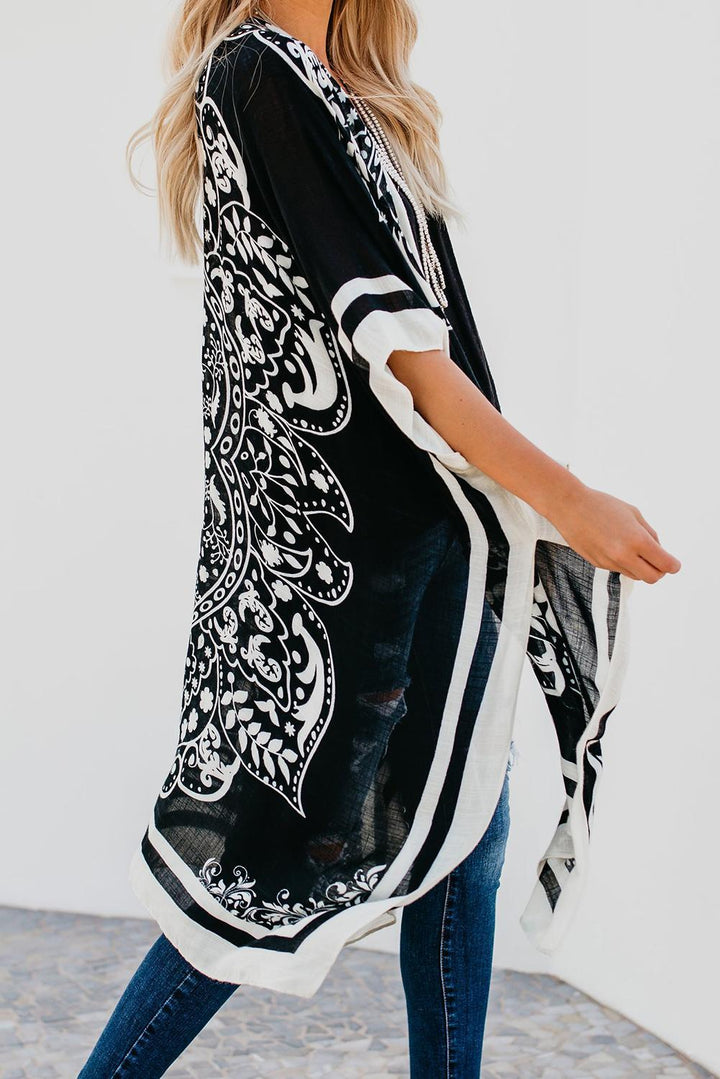 Black Boho Tokyo Medallion Kimono Beach Cover Up