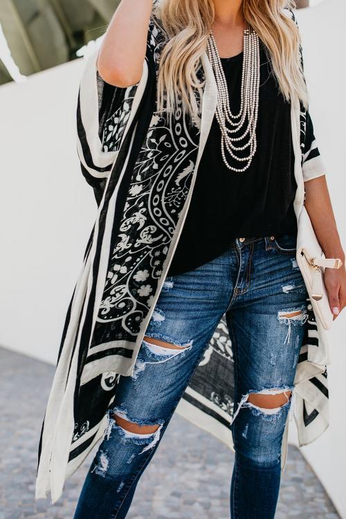 Black Boho Tokyo Medallion Kimono Beach Cover Up