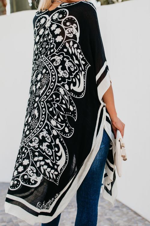 Black Boho Tokyo Medallion Kimono Beach Cover Up