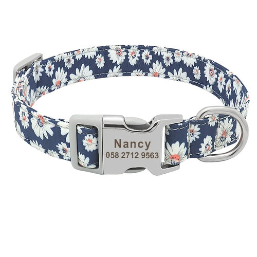 Custom Dog Collar Nylon Floral Engraved Pet Puppy
