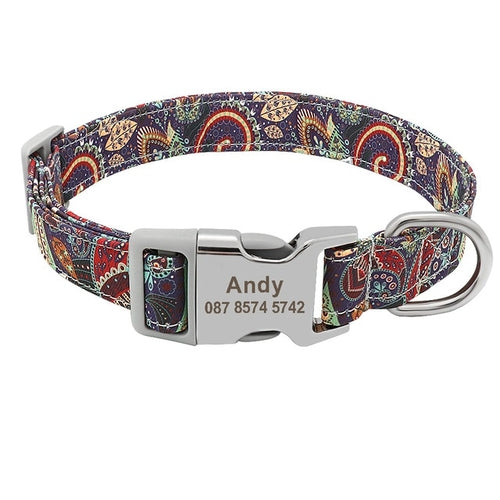 Custom Dog Collar Nylon Floral Engraved Pet Puppy