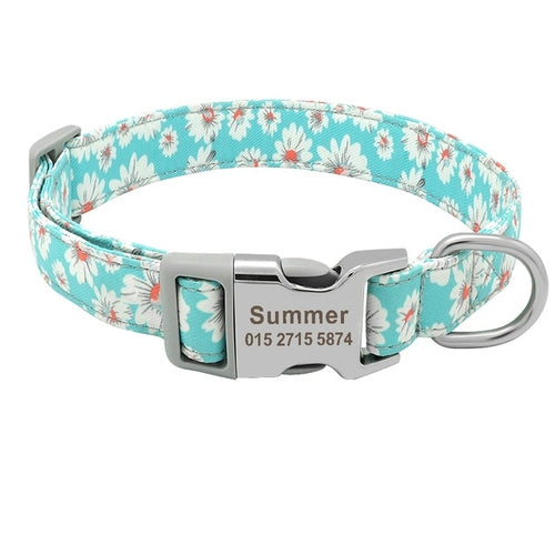 Custom Dog Collar Nylon Floral Engraved Pet Puppy