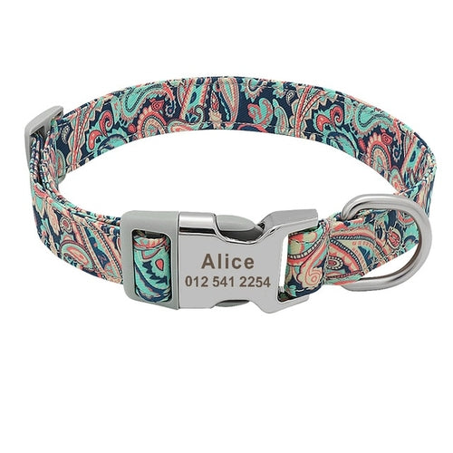 Custom Dog Collar Nylon Floral Engraved Pet Puppy