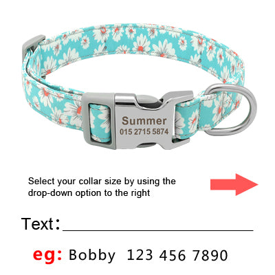 Custom Dog Collar Nylon Floral Engraved Pet Puppy