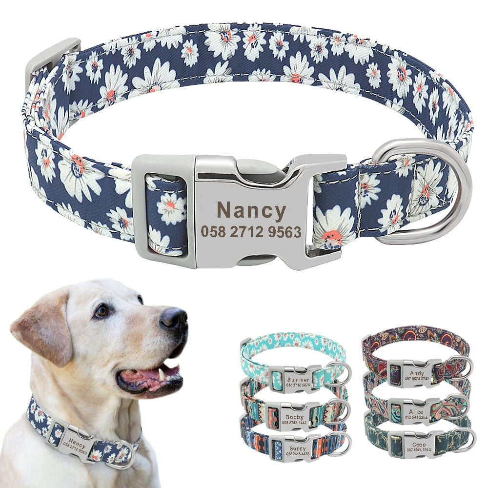 Custom Dog Collar Nylon Floral Engraved Pet Puppy