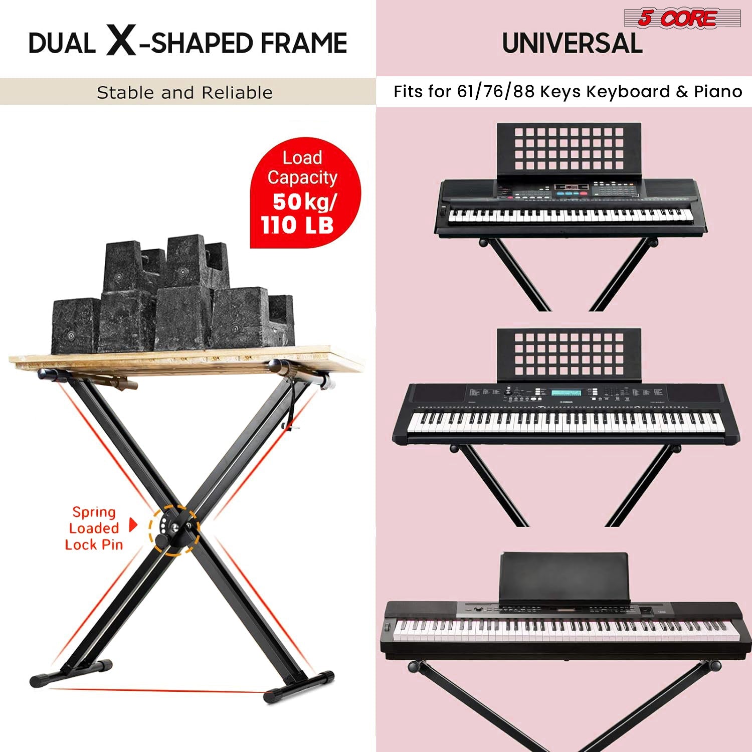5Core Keyboard Stand Double X Style Adjustable Lift Piano Riser For 49