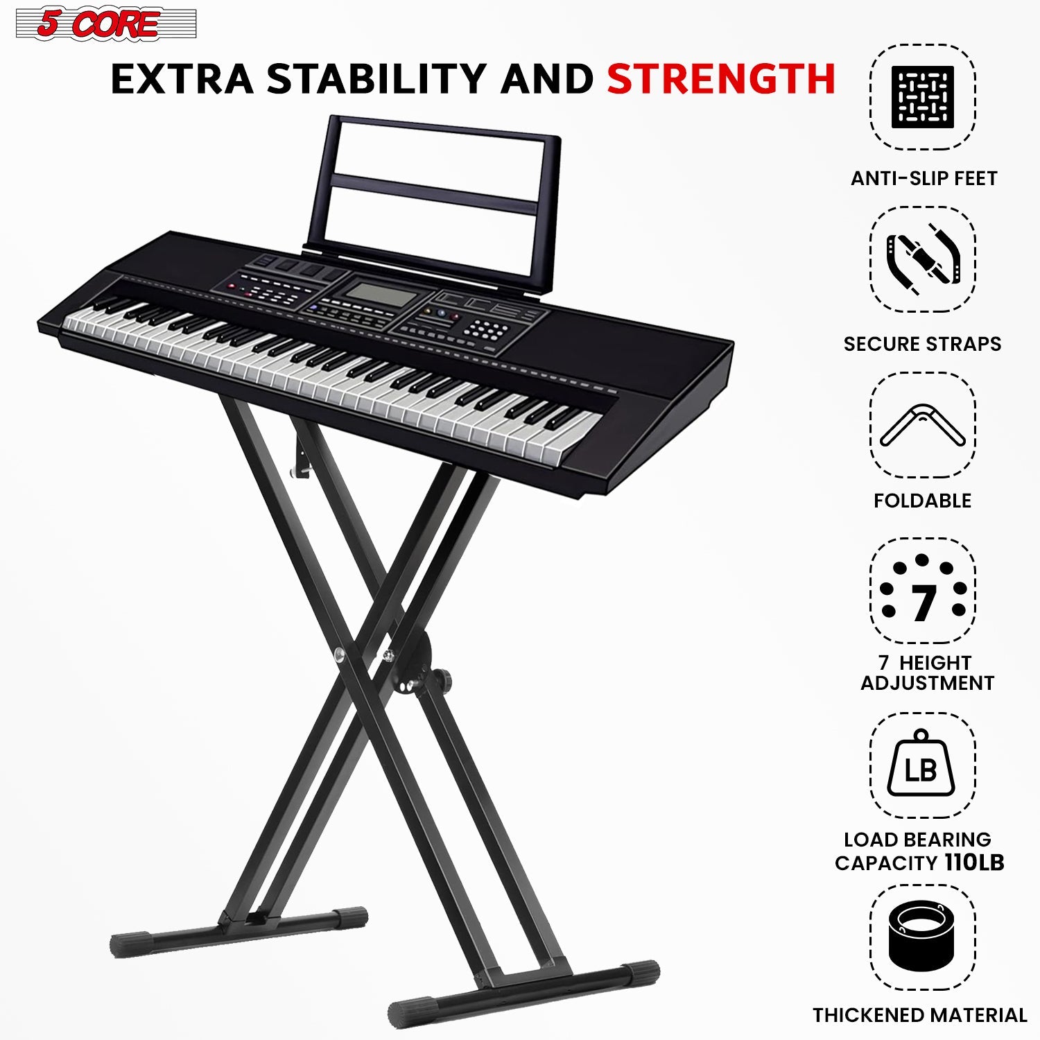 5Core Keyboard Stand Double X Style Adjustable Lift Piano Riser For 49