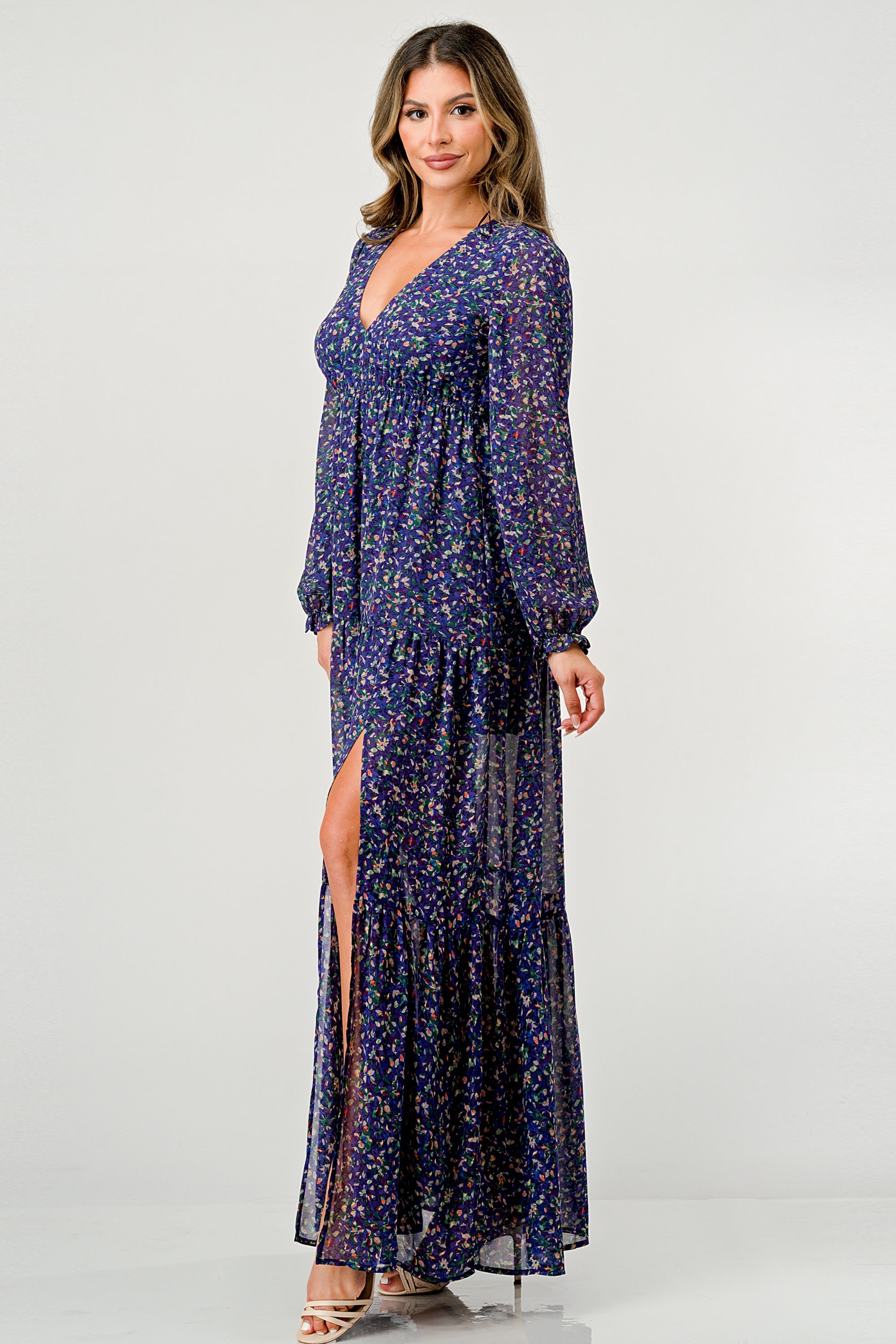 Floral V-Neck Long Sleeve Maxi Dress with Tiered Skirt and Side Slit