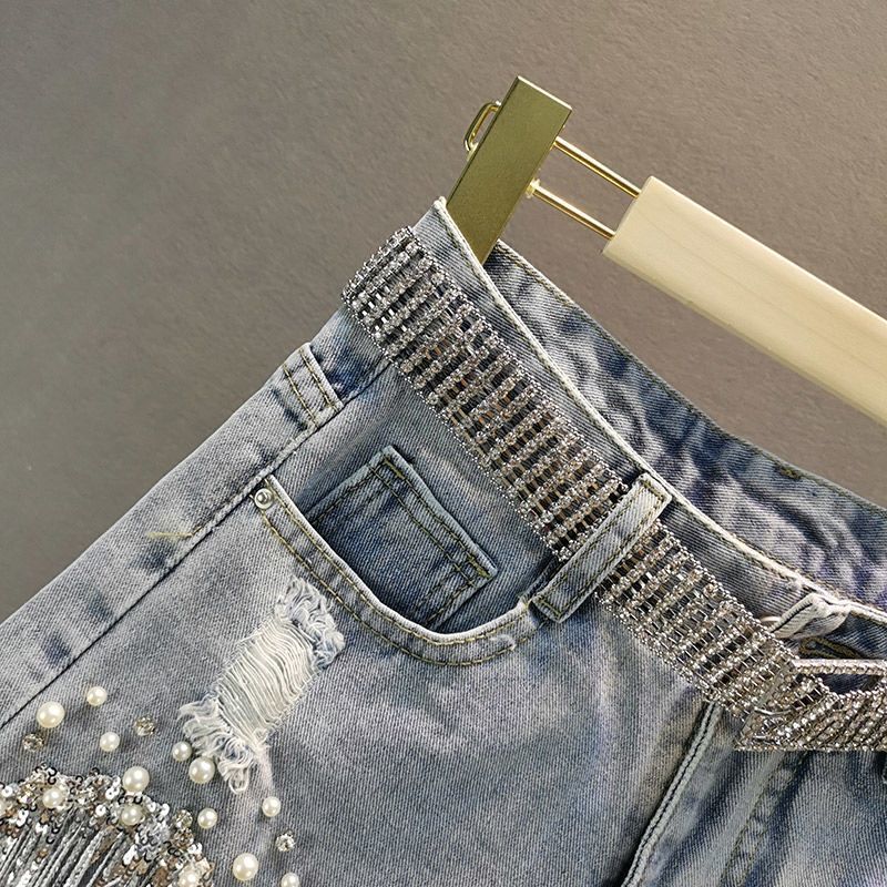 Tassel Beading High Waist Denim Shorts