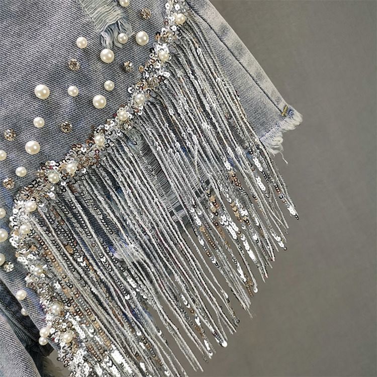Tassel Beading High Waist Denim Shorts