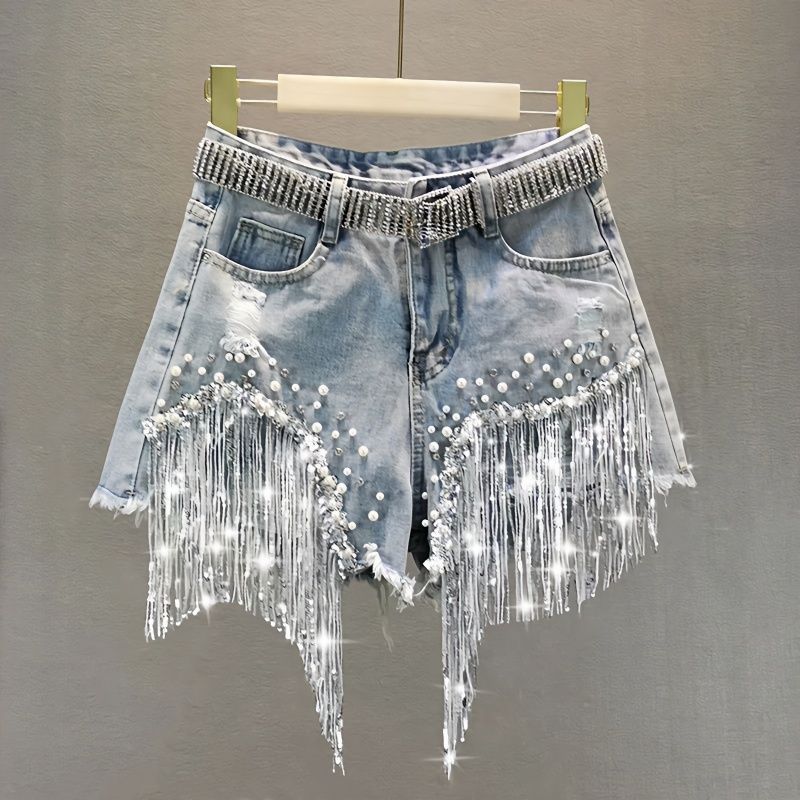 Tassel Beading High Waist Denim Shorts