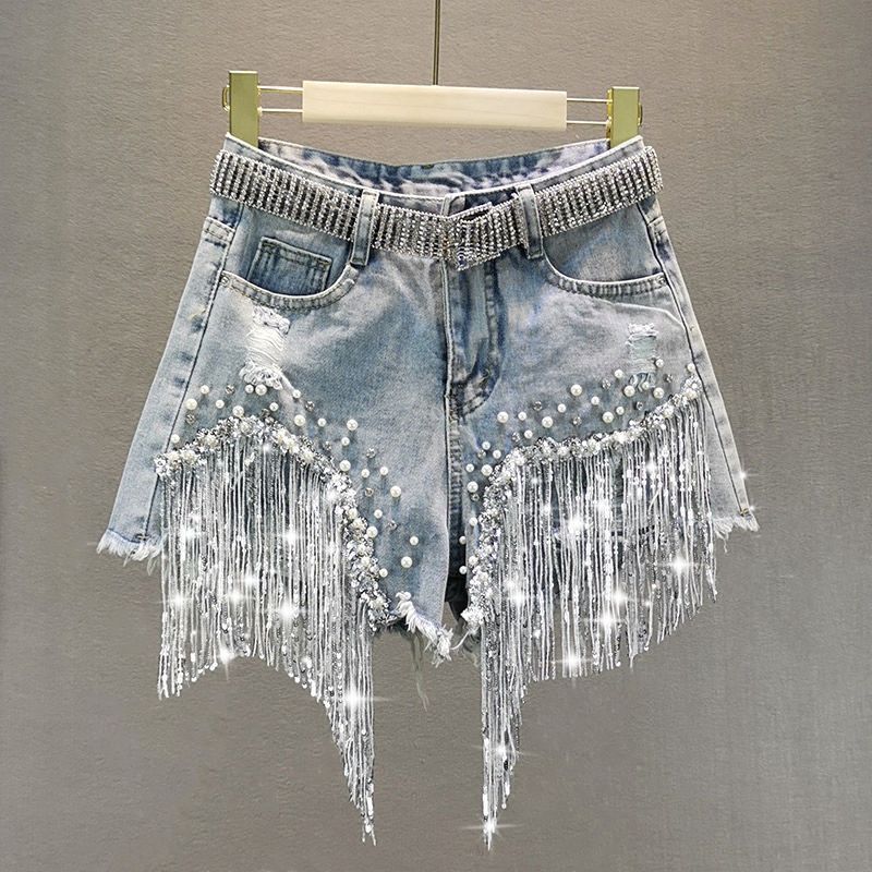 Tassel Beading High Waist Denim Shorts