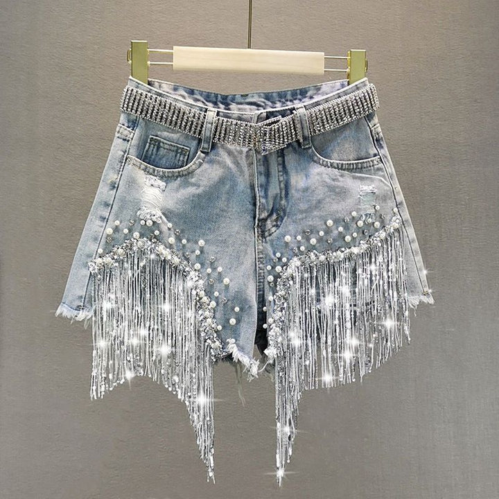 Tassel Beading High Waist Denim Shorts