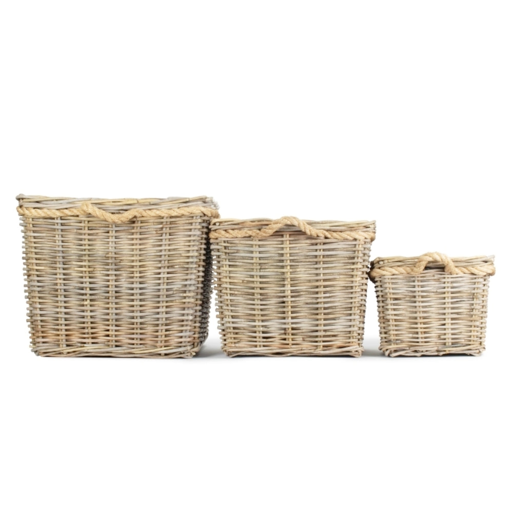 Square Tapered Rope Handled Rattan Planter With Plastic Lining