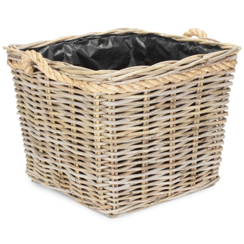 Square Tapered Rope Handled Rattan Planter With Plastic Lining