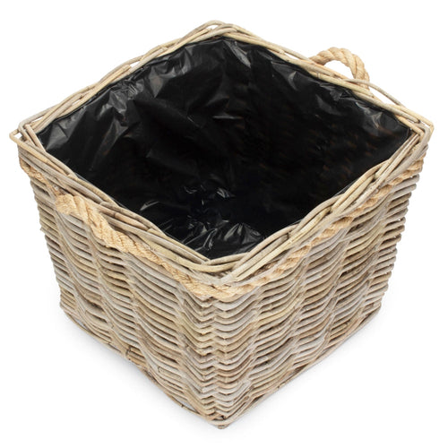 Square Tapered Rope Handled Rattan Planter With Plastic Lining