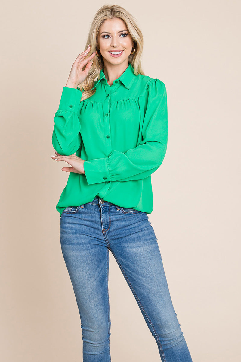 Collared Long Sleeve Pleated Detail Blouse Tops