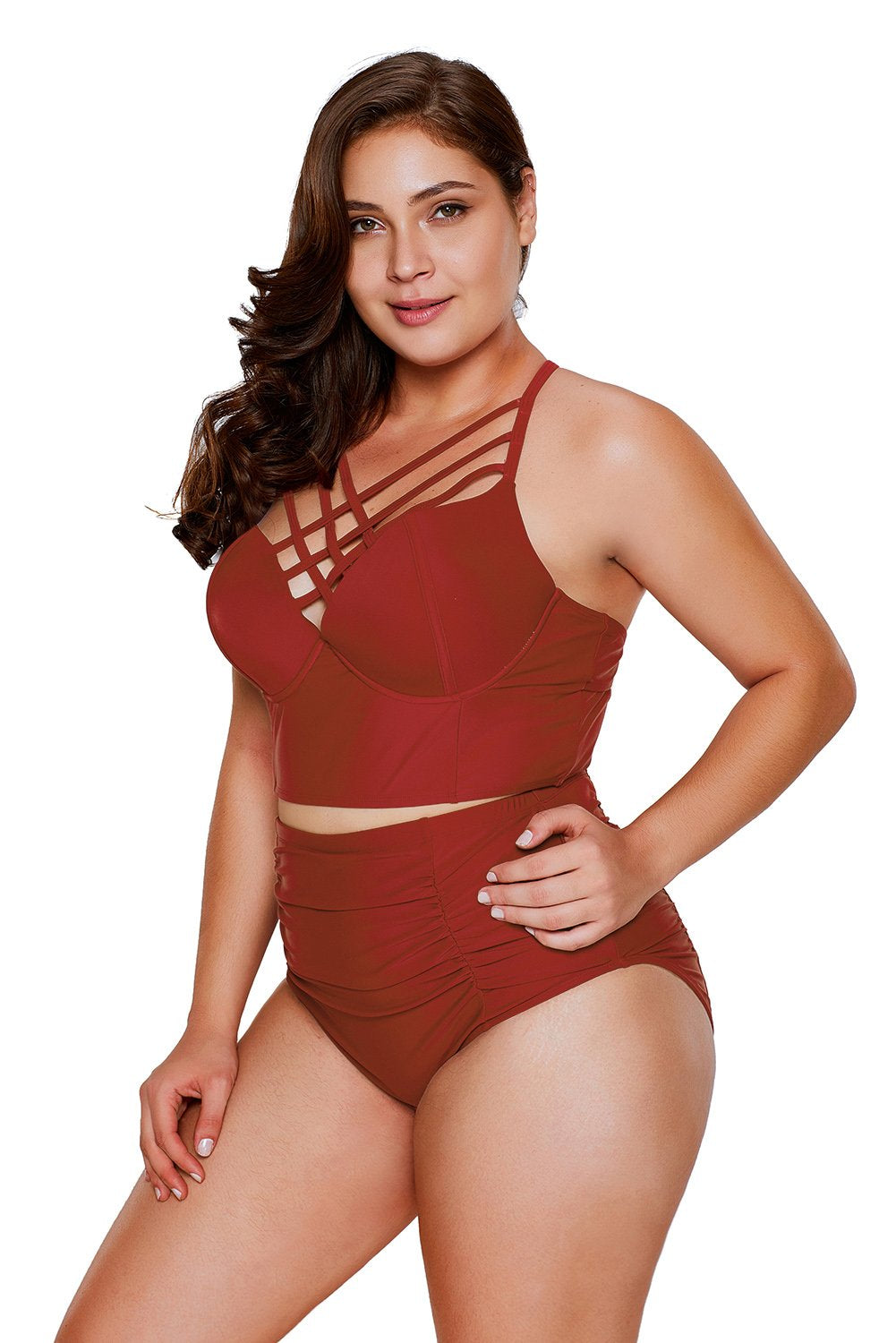 Red Strappy Neck Detail With Padded High Waist Swimsuit