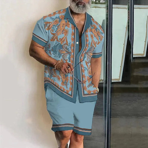 Men Beach Shirt Sets Retro Ethnic Style