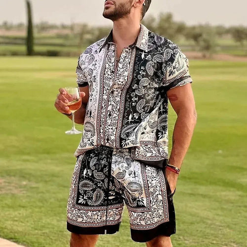 Men Beach Shirt Sets Retro Ethnic Style