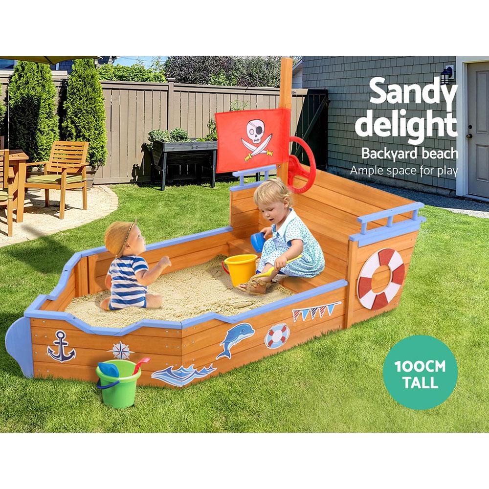 Keezi Kids Sandpit Wooden Boat Sand Pit Bench Seat Outdoor Beach Toys