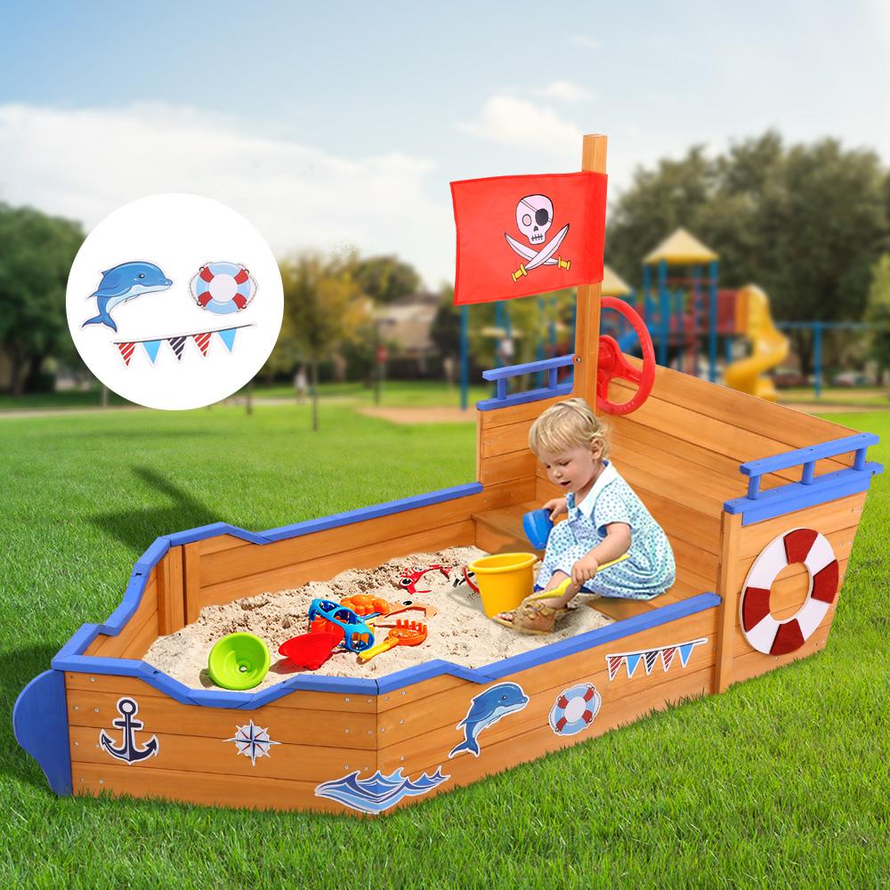 Keezi Kids Sandpit Wooden Boat Sand Pit Bench Seat Outdoor Beach Toys