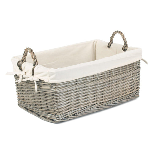Shallow Cotton Lined Antique Wash Wicker Storage Basket