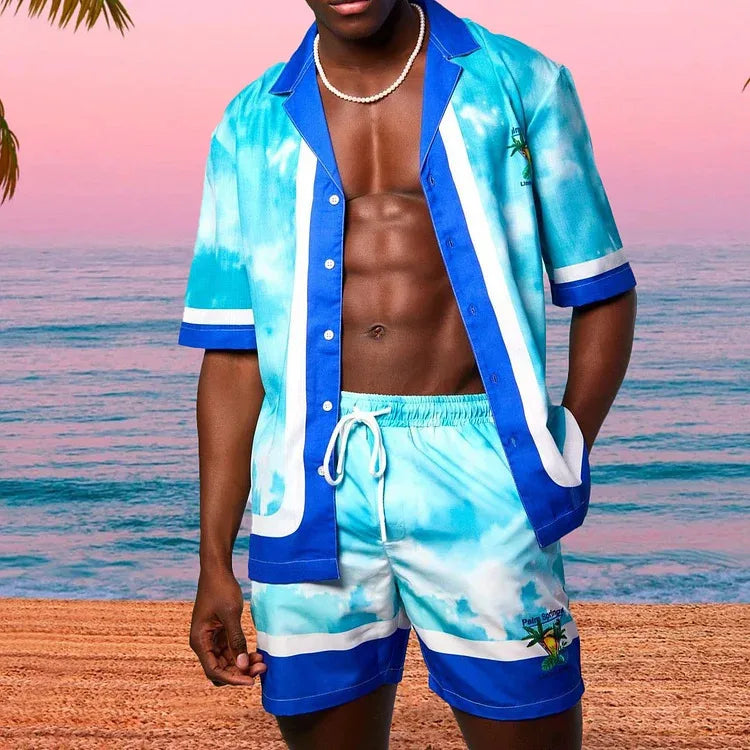 Men Beach Shirt Sets Retro Ethnic Style