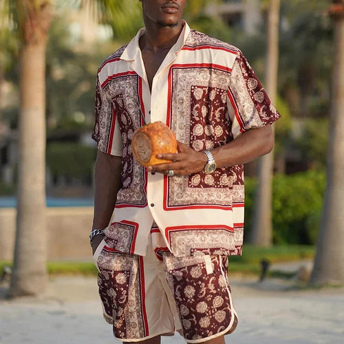 Men Beach Shirt Sets Retro Ethnic Style