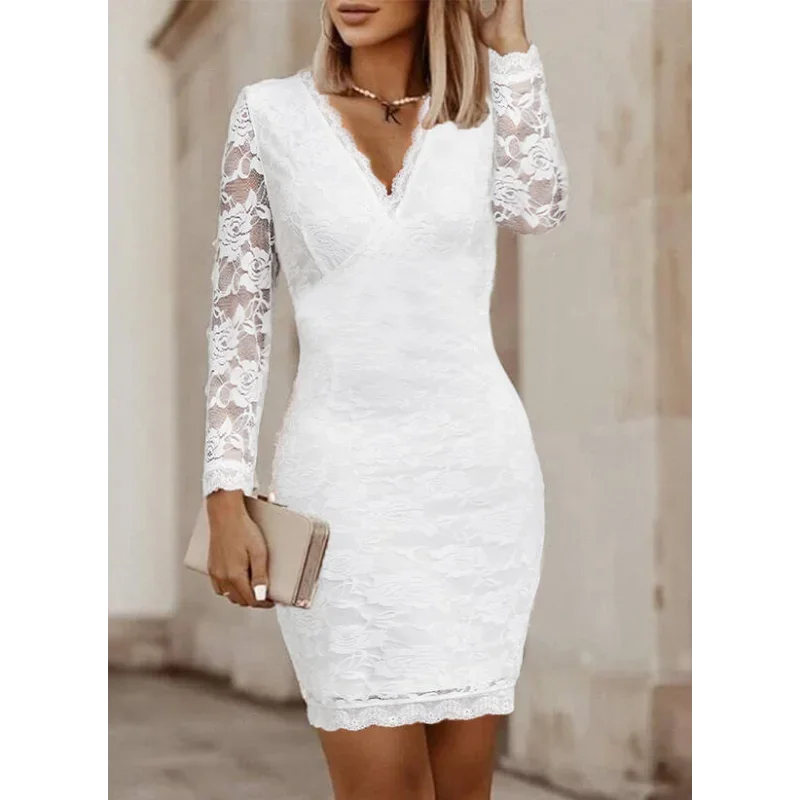Women's Monochromatic Lace Long Sleeve Midi Dress, V Neck, Slim Fit,
