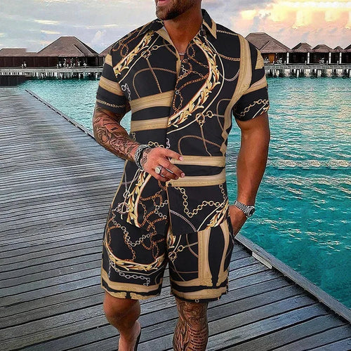 Men Beach Shirt Sets Retro Ethnic Style