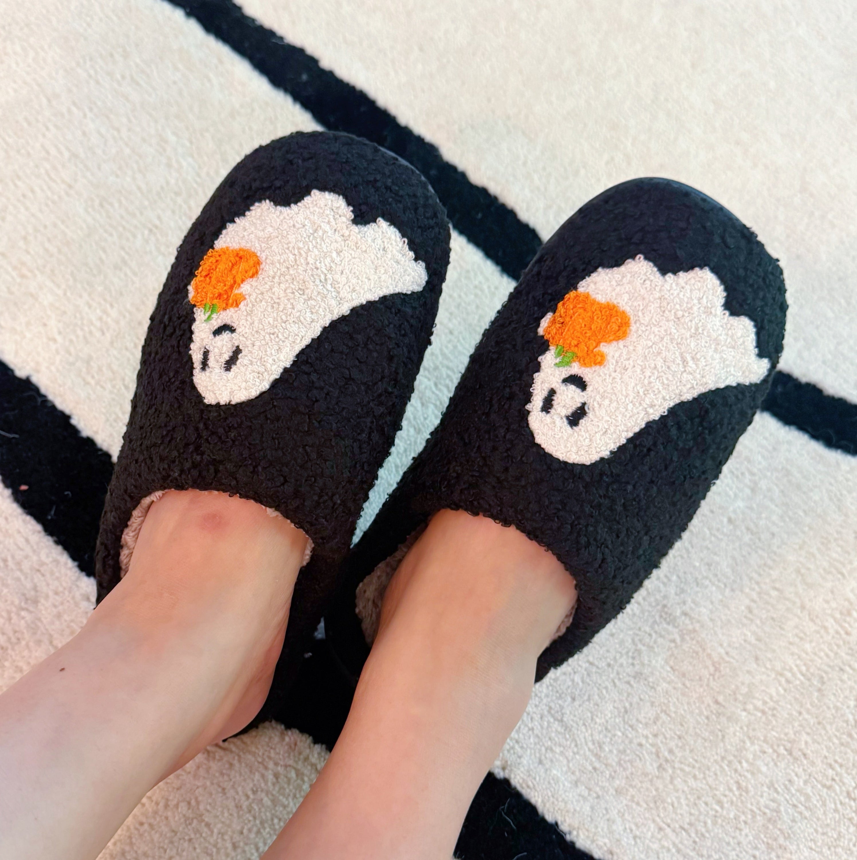 Spooky Ghost Cozy Slippers – Soft Black Slippers with Cute Ghost and