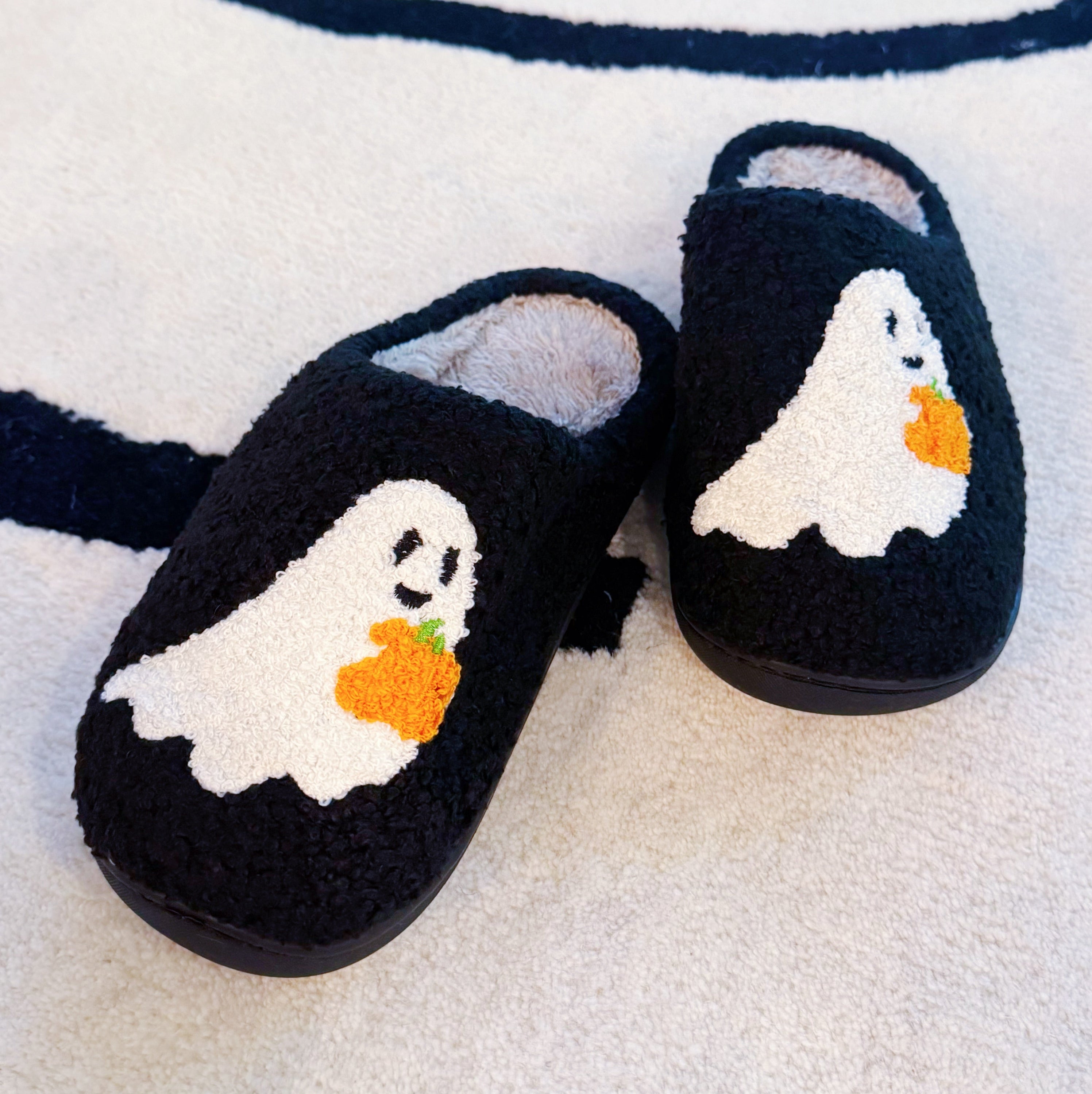 Spooky Ghost Cozy Slippers – Soft Black Slippers with Cute Ghost and