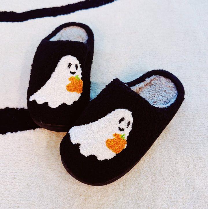 Spooky Ghost Cozy Slippers – Soft Black Slippers with Cute Ghost and