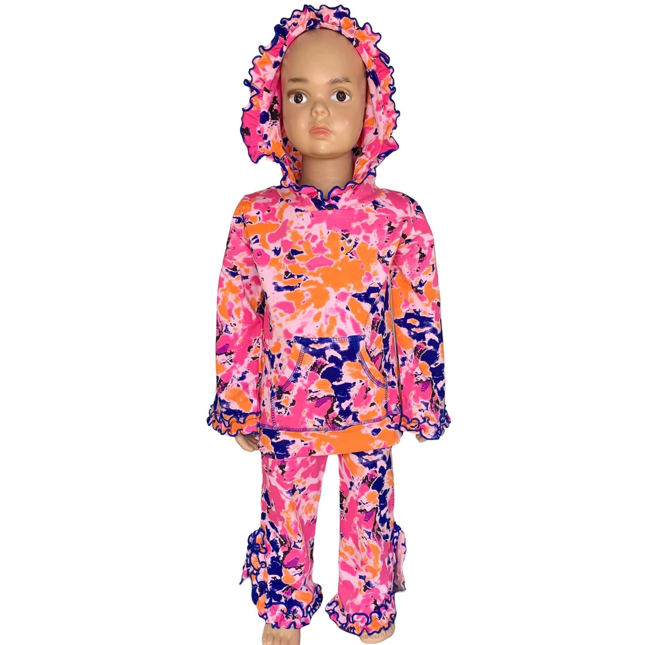 AnnLoren Girls Pink, Orange & Purple Tie Dye Ruffle Hoodie 2 Pc