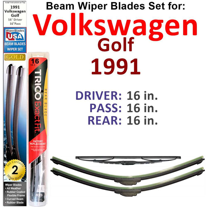 Beam Wiper Blades for 1991 Volkswagen Golf Base (Set of 3)