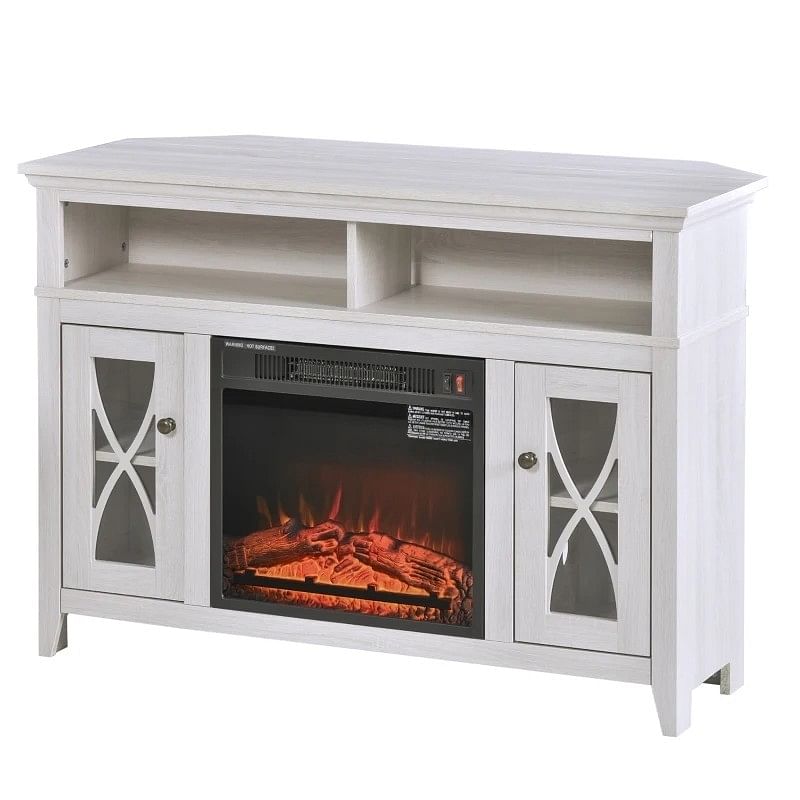 Rustic White Electric Fireplace Mantel TV Stand w/ Adjustable Shelves