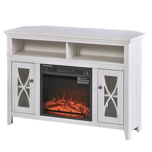 Rustic White Electric Fireplace Mantel TV Stand w/ Adjustable Shelves