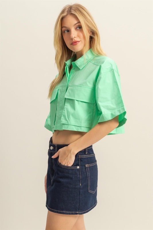 HYFVE Front Pockets Poplin Collared Neck Crop Shirt