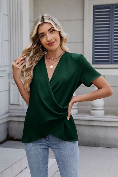 Out of State - Solid Color Surplice Short Sleeve Blouse